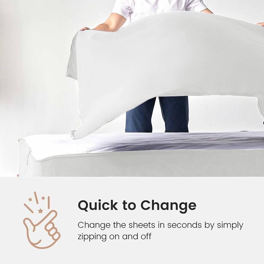 Zipper Fitted Sheet - Includes 1 Fitted Sheet Base & 2 Zip-On Sheets - Upto 16' in. Deep Pockets King Size Zipper Fitted Sheet - Easy to Change, Sateen Cotton 600 TC Fitted Sheet - White