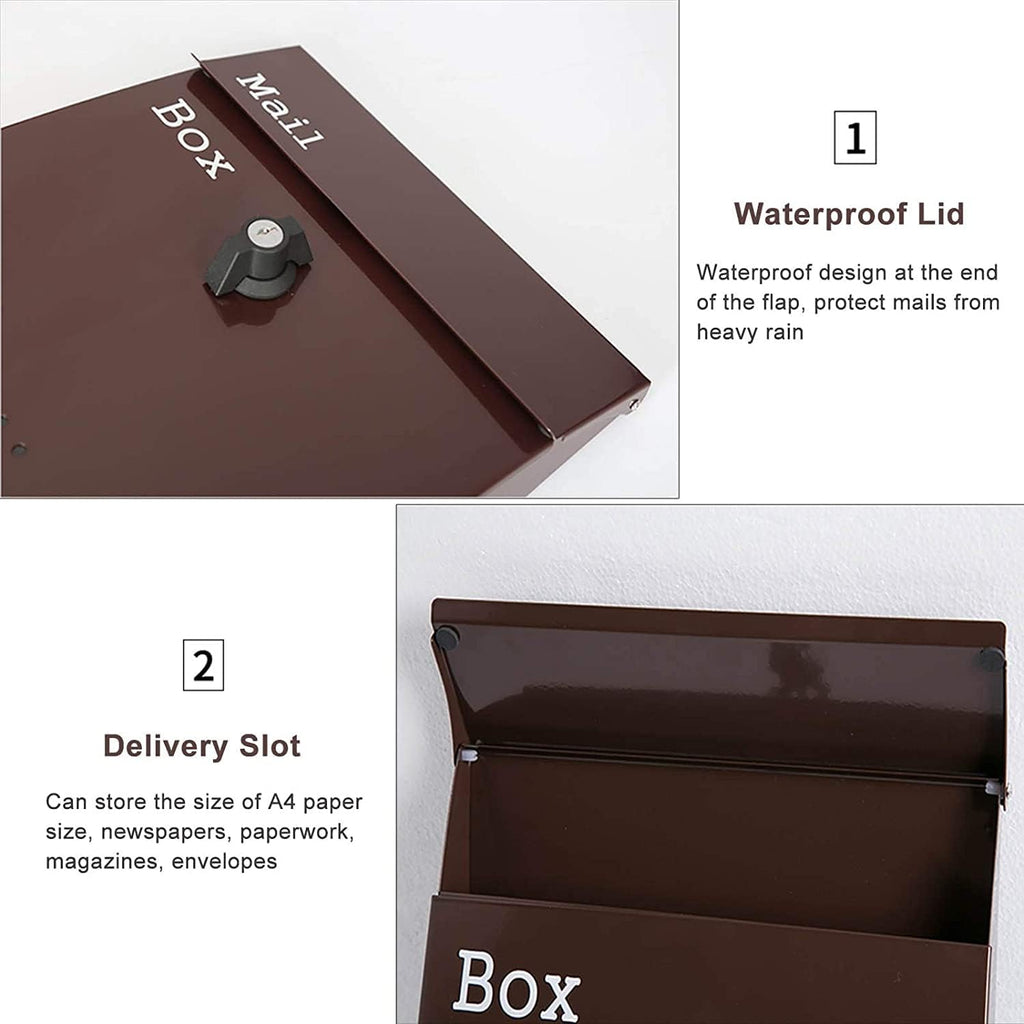 JYDQM Suggestion Box Business Drop Boxes Donation Box Modern Metal Mailbox with Locked and Keys, Residential Office Hanging Brown Post/Letter Box with Newspapers Compartment