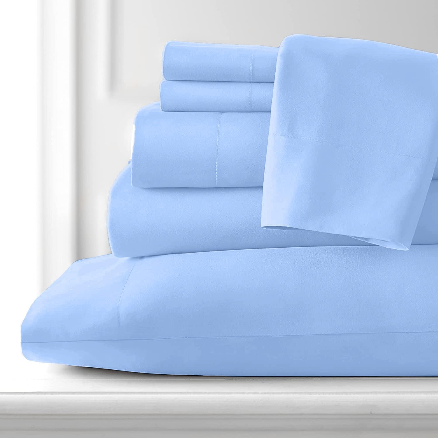 100% Giza Cotton, 1000 Thread Count, 6-PC Bed Sheet Set [Queen Size, Sky Blue Color] 18 inches Deep Pockets, Long Staple Cotton Breathable Soft Silky Sateen Weave