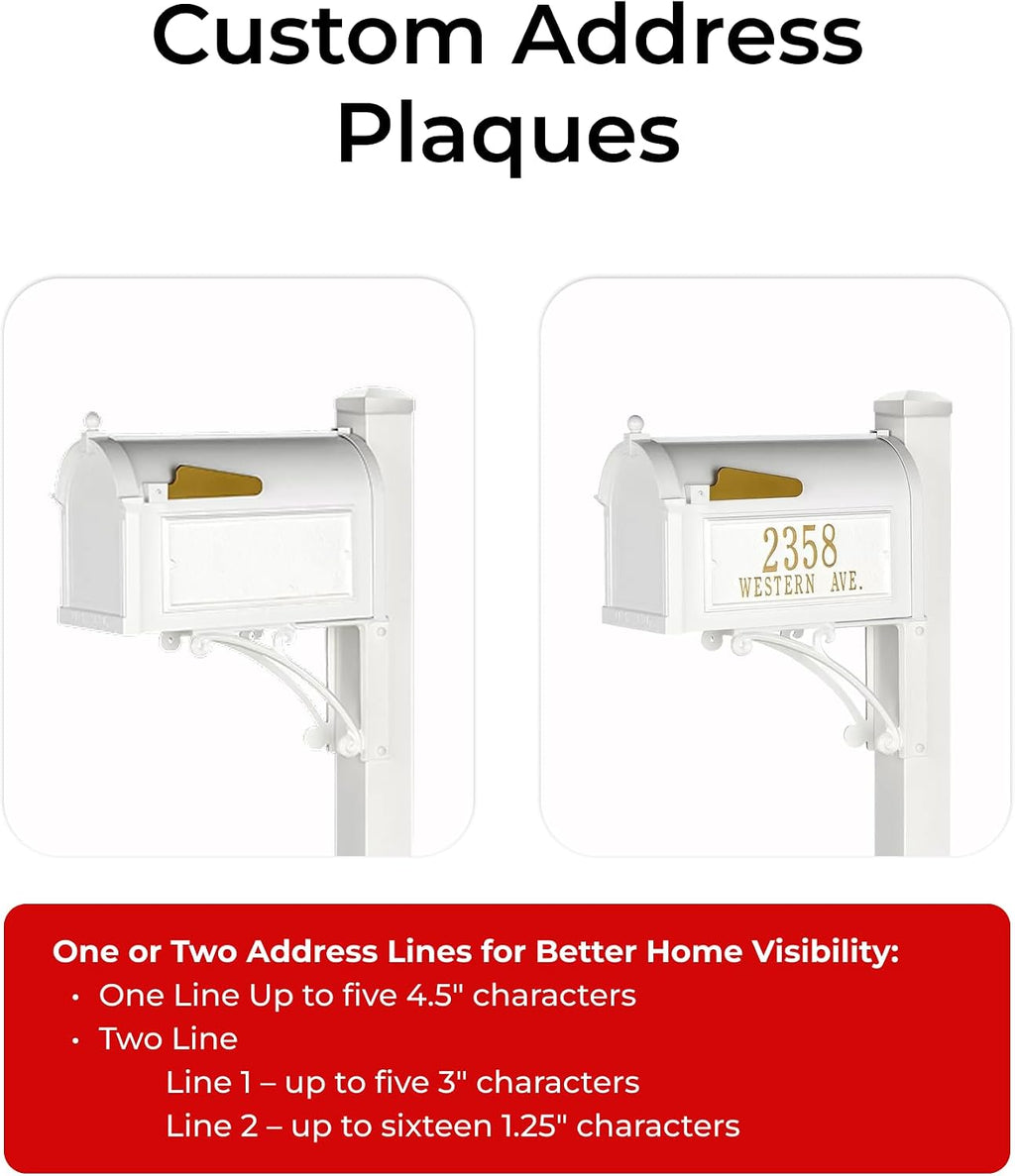 Whitehall White Superior Mailbox Package with Personalized Side Plaques & Post Fashion and Function with a Classic Design Including Street Name for Enhancing Curb Appeal of Your Home