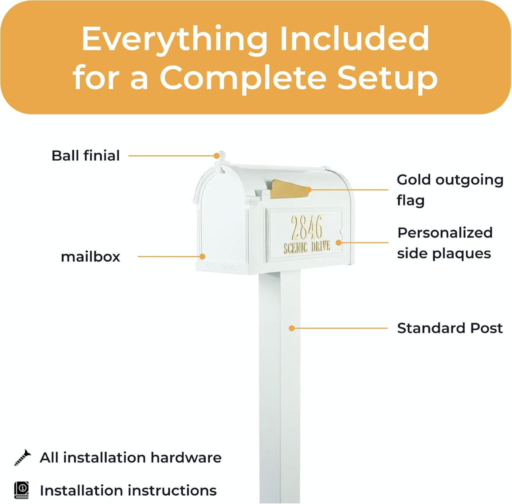 Whitehall Products Premium Capitol Mailbox Package with Personalized Side Plaques | Standard Post Fashion and Function with a Classic Design. While Enhancing The Curb Appeal of Your Home. White