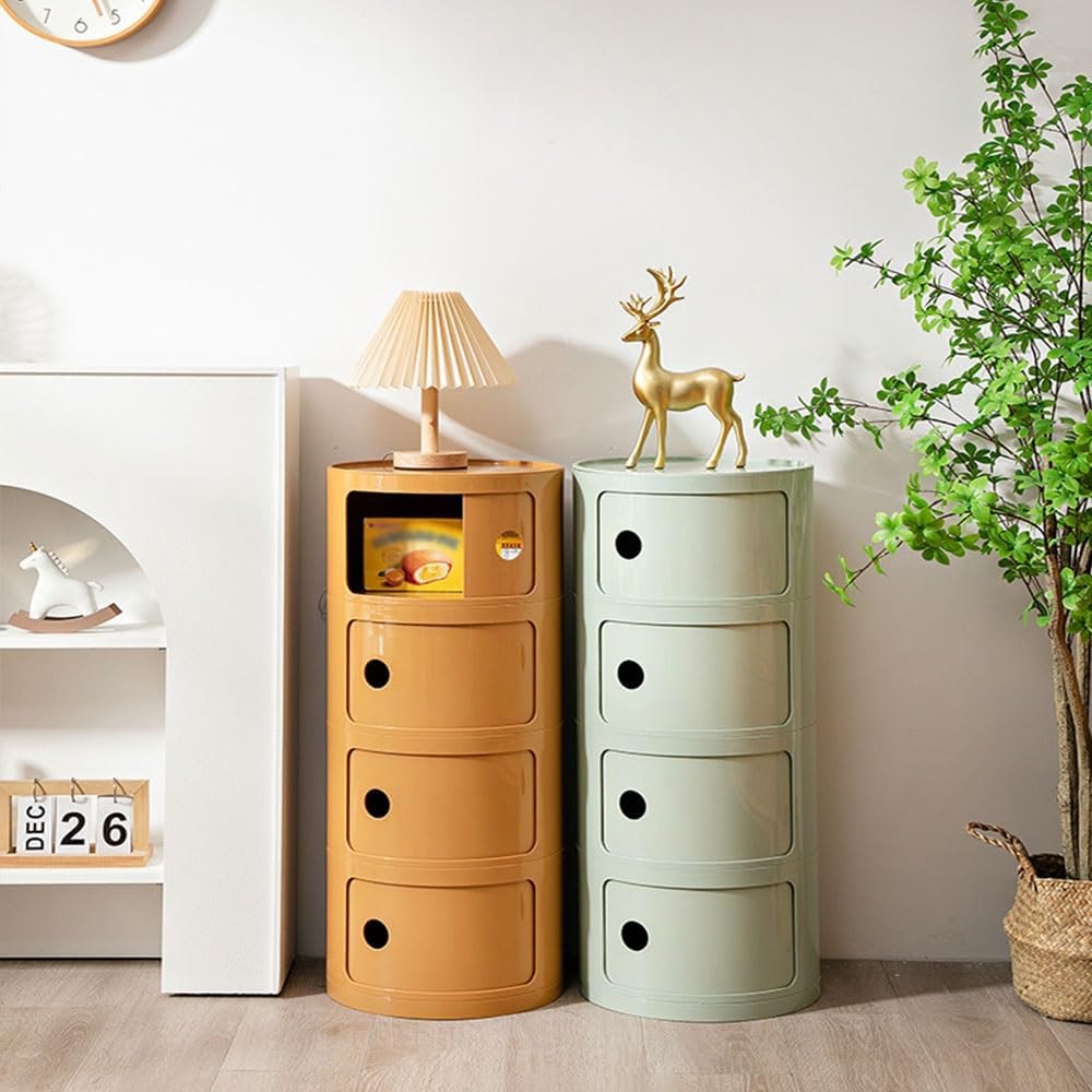 Round Nightstand with Drawers, Round Bedside Table 2/3/4 Tier Plastic Nightstand Storage, RoundStorage Cabinet with Sliding Door, Modern End Table Side Table, for Living Room, Bedroom, Bathroom