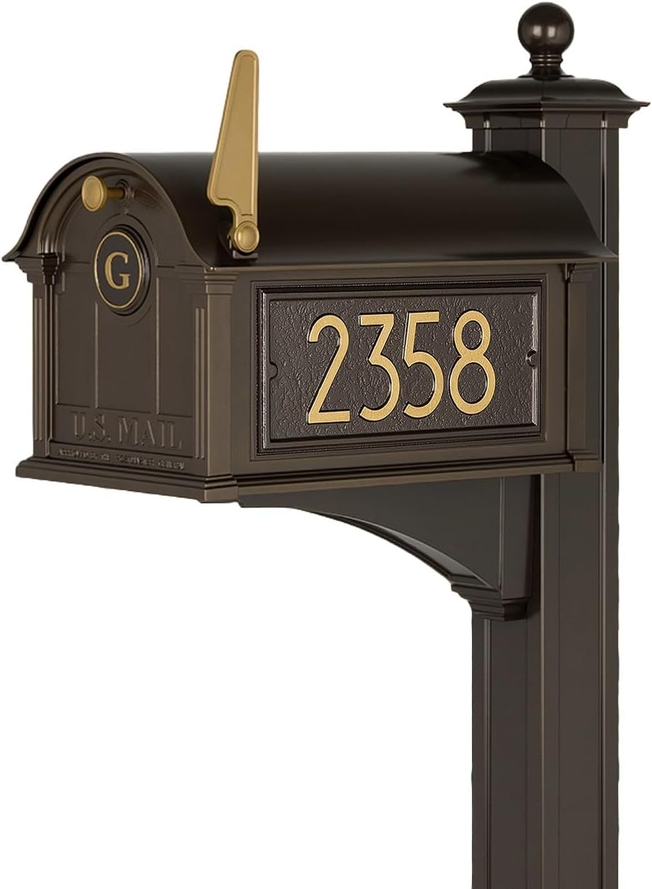 Whitehall Custom Extra Large Mailbox - Balmoral Model with Modern Style Address Plaques, Monogram and Side Mount Post Package, Sand Cast Aluminum, Bronze Personalized in Goldtone
