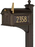 Whitehall Custom Extra Large Mailbox - Balmoral Model with Modern Style Address Plaques, Monogram and Side Mount Post Package, Sand Cast Aluminum, Bronze Personalized in Goldtone