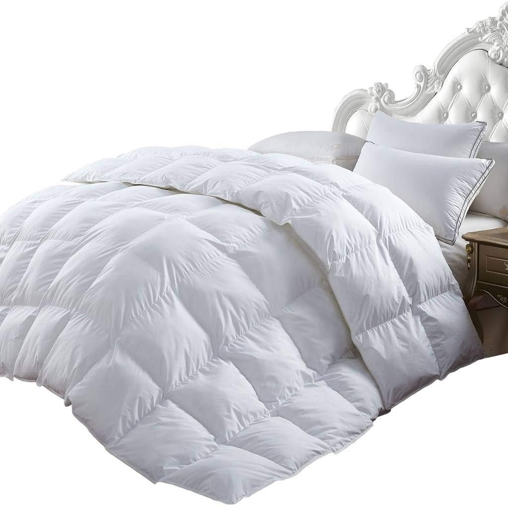 Luxurious 1200 Thread-Count Full/Queen Size Siberian Goose Down Comforter, White Solid, 100% Egyptian Cotton 750FP, 50Oz