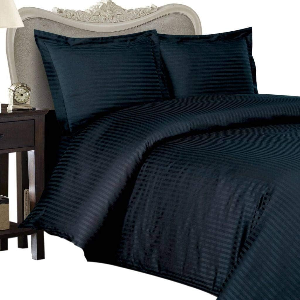 Luxurious Ultra Soft Silky 100% Egyptian Cotton Seven (7) Piece Set, Navy Stripe, Full Size, Includes 4pc Bed Sheet Set & 3pc Duvet Set, 1000 Thread Count