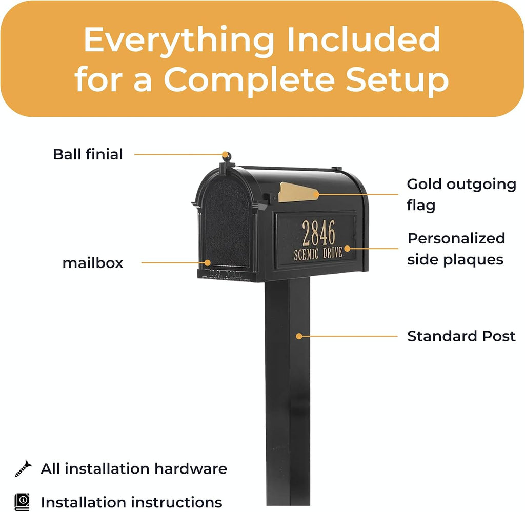 Whitehall Products Premium Capitol Mailbox Package with Personalized Side Plaques | Standard Post Fashion and Function with a Classic Design. Black