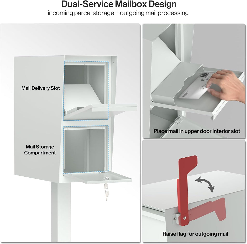 POCHAR Large Locking Mailbox for Outside - Secure Curbside Mailbox Post Mount with Base Plate - Weekend-Away Design Outdoor Commercial Mail Box for Business, Package Drop Box, White