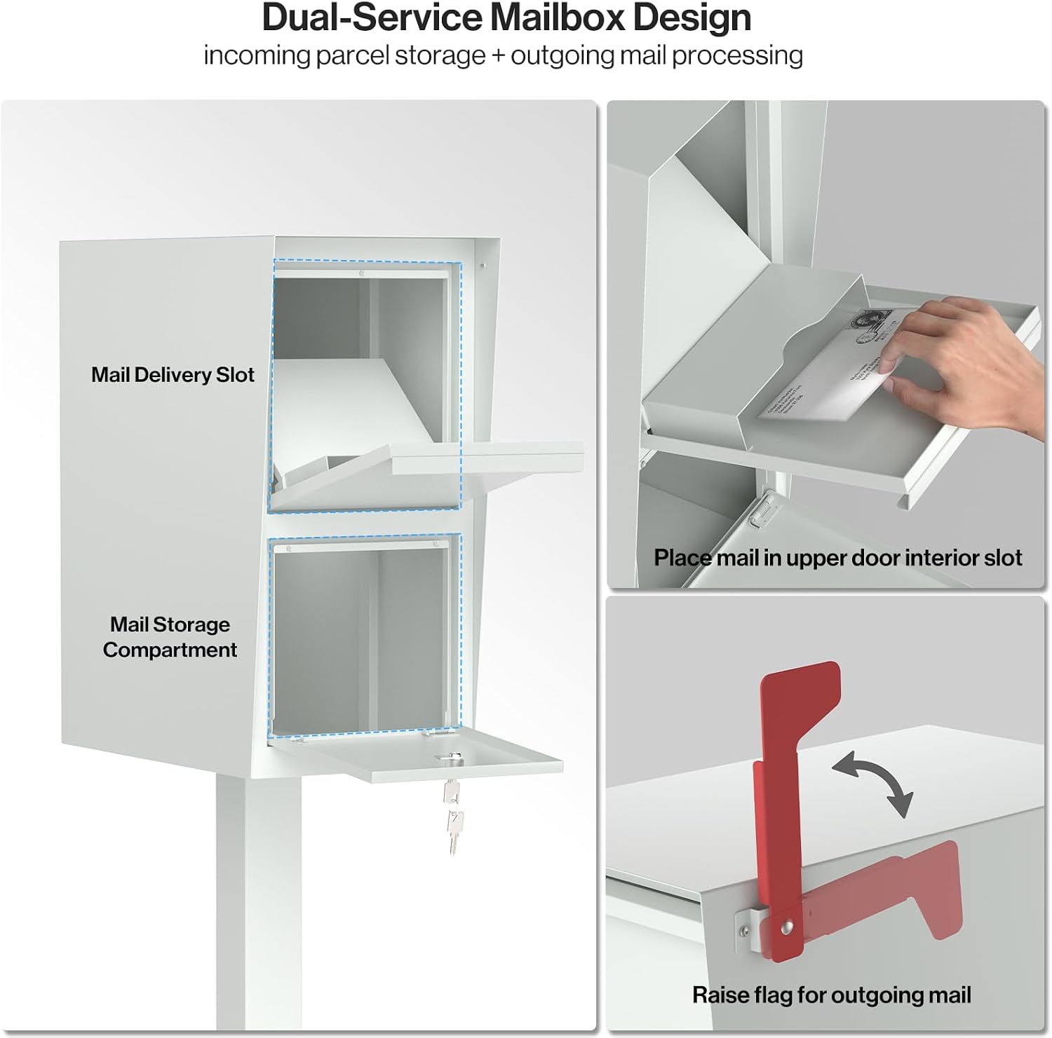 POCHAR Large Locking Mailbox for Outside - Secure Curbside Mailbox Post Mount with Base Plate - Weekend-Away Design Outdoor Commercial Mail Box for Business, Package Drop Box, White