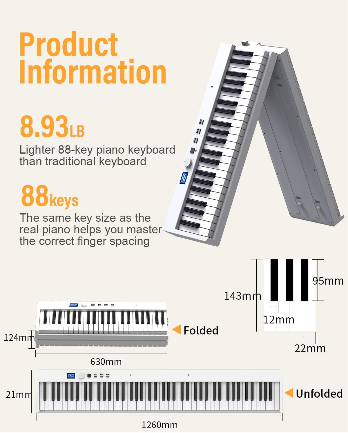 KONIX Folding Piano Keyboard, 88 Key Full Size Semi Weighted Foldable Keyboard Piano, Portable Bluetooth Electric Piano with Sheet Music Stand, Sustain Pedal and Piano Bag, White
