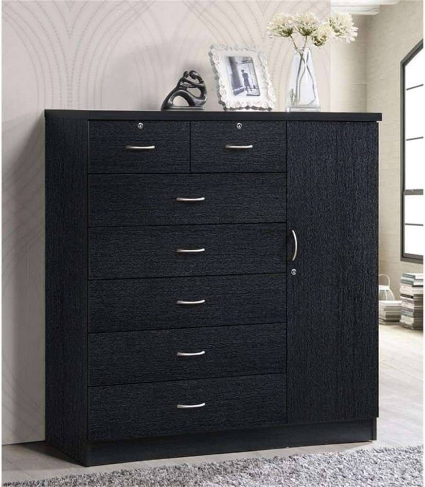 BOWERY HILL 7 Drawer Chest, Wood Construction, Black Finish, Lockable Top Drawers, Side Door with Shelves and Hanging Rod, Adjustable Cabinet Shelves, 48.6 in H x 47.2 in W x 17.6 in D