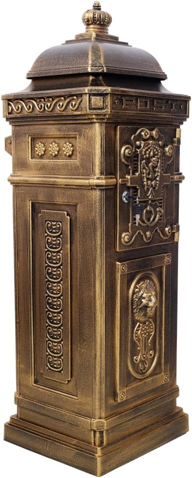 Copper Mailbox, Large Lockable Package Drop Box with Roman Statue, Rustproof Cast Aluminum Mail Boxes for Outside, Vintage Post-Mount Design, Weatherproof & Elegant Garden Letter Box (Copper)