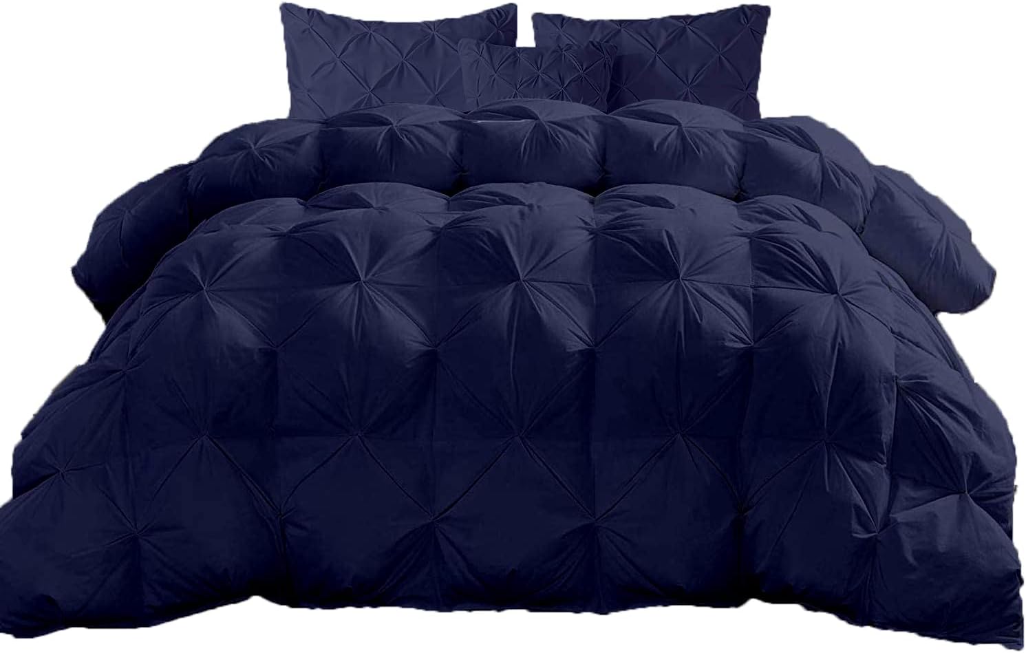 Eco Friendly 1000-TC Pinch Pleated Down Alternative Comforter 1pc Comforter & 2 pcs Pillow Covers, 700 GSM & All Side Corner Tabs 100% Egyptian Cotton (Oversized Queen Size (98' x 98'), Navy Blue)