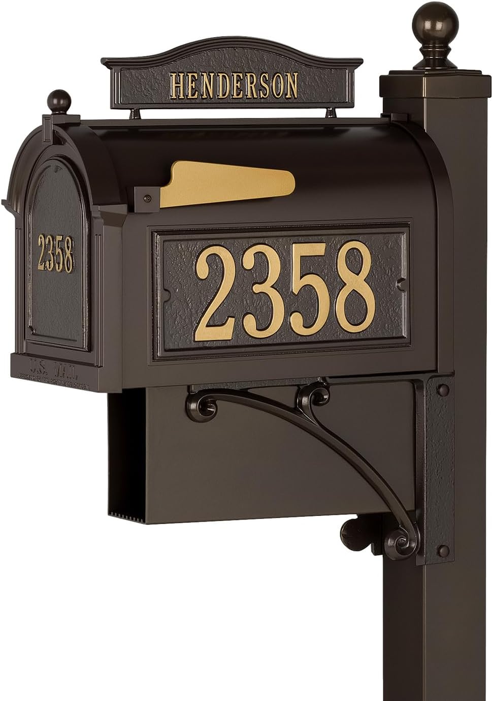 Whitehall Ultimate Mailbox Package, Personalized Large Mailbox with Post and Address Plaque for Outside - Bronze/Gold