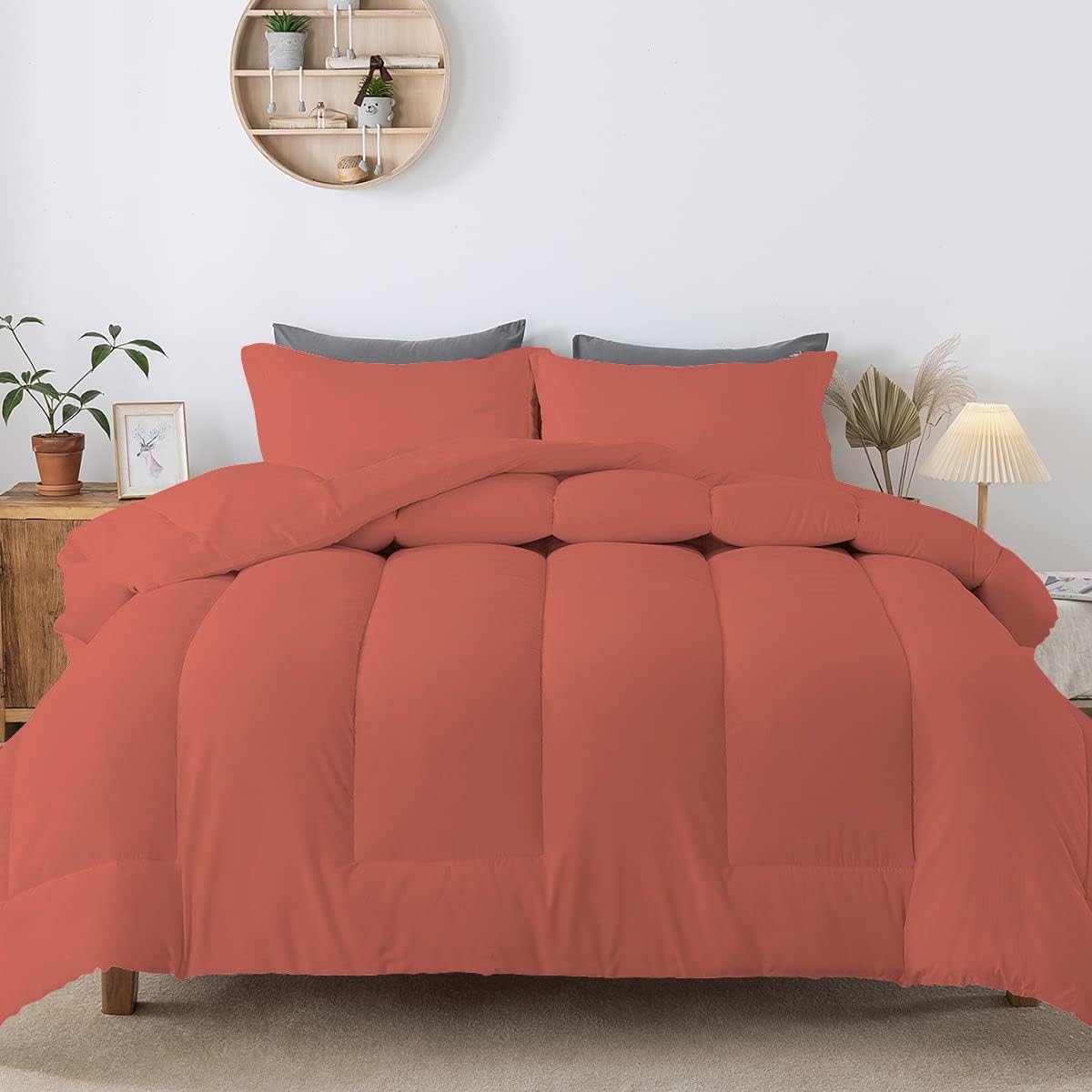 5 PC Straight Line Pattern Comforter Set Premium Super Soft 600 GSM All Season | 1000 Thread Count | 100% Egyptian Cotton ( Full/Queen Size, Brick Red Color)
