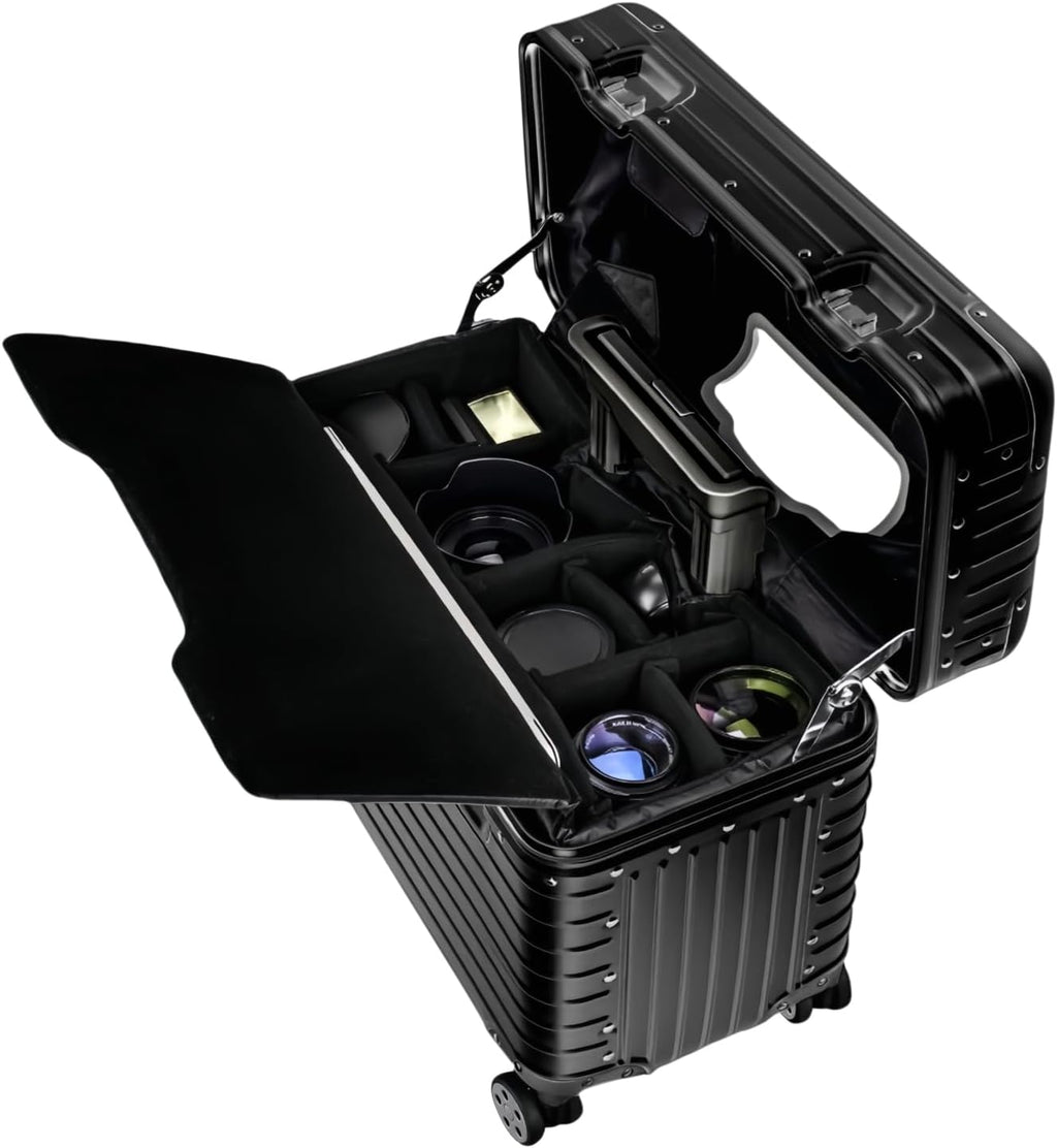 Full Aluminum Camera Carry-On Luggage DSLR Shockproof TSA lock Photography Gear Case with Removable Dividers & 360° detachable Wheels Luggage Rolling trolley case storage case (black)