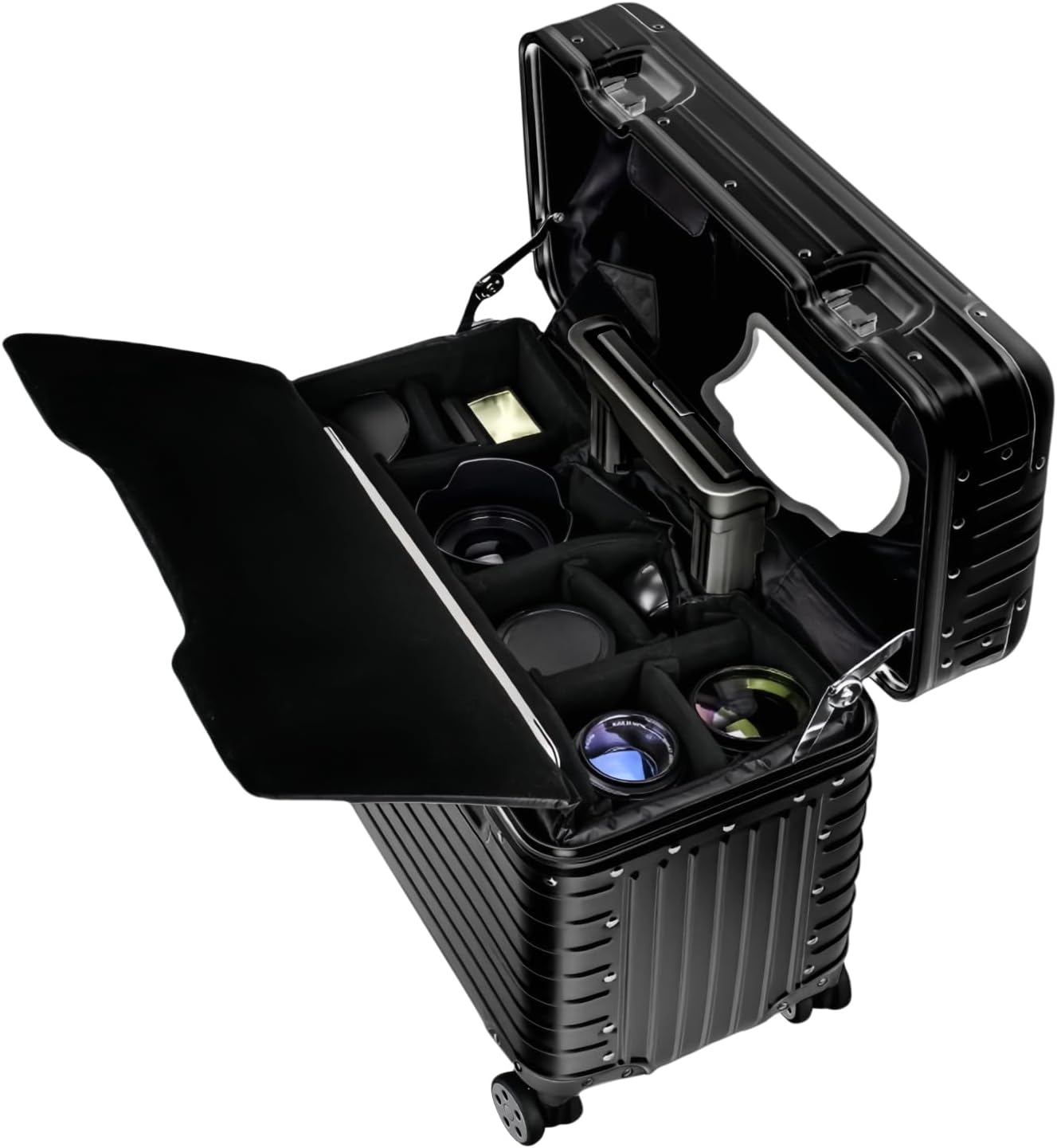 Full Aluminum Camera Carry-On Luggage DSLR Shockproof TSA lock Photography Gear Case with Removable Dividers & 360° detachable Wheels Luggage Rolling trolley case storage case (black)