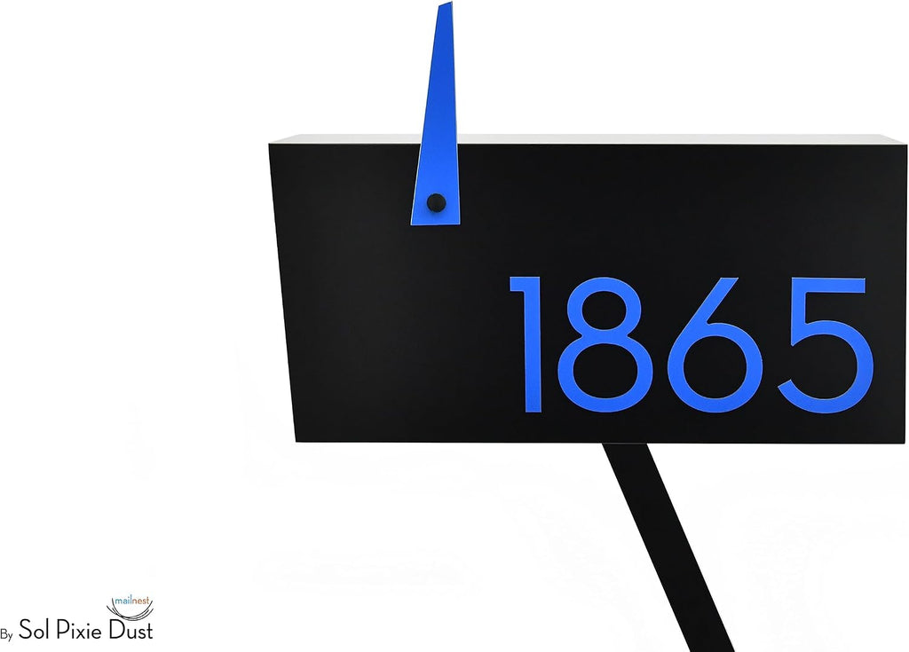Contemporary Post-Mount Mailbox - Aluminum Black Body with Aluminum Door, Numbers and Flag - Large Customized Mailbox - Type 4 (Blue)