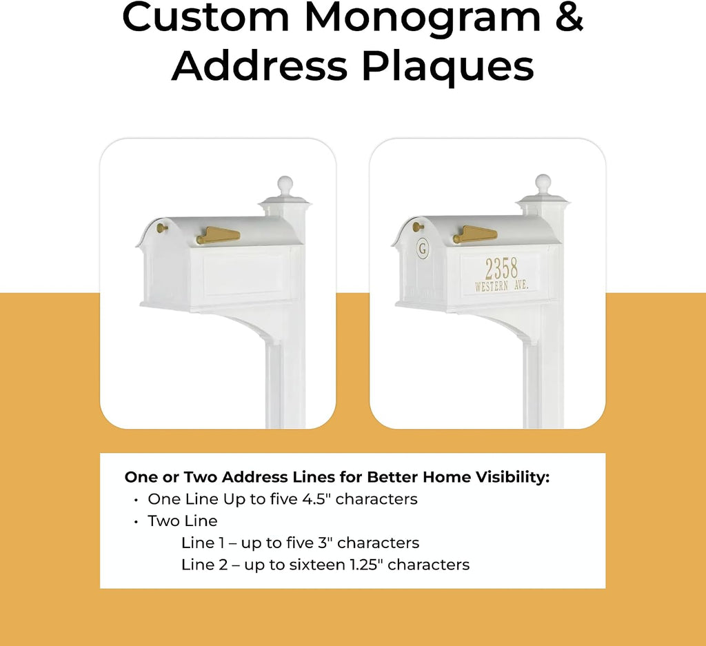 Whitehall Balmoral Monogram Mailbox with Post White Oversized Cast Aluminum Mailbox Package with Personalized Side Plaques, Monogram Door & Weather-Resistant Deluxe Post