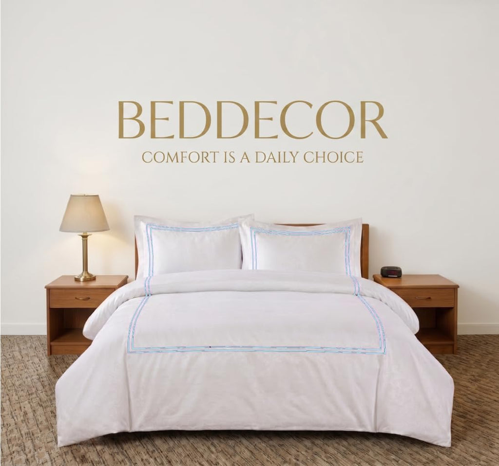 BedDecor Luxury 400-TC Egyptian Cotton 5PC Embroidered Duvet Cover Set with Beautiful 2-Stripe Embroidery(Light Blue, Twin/Twin XL)