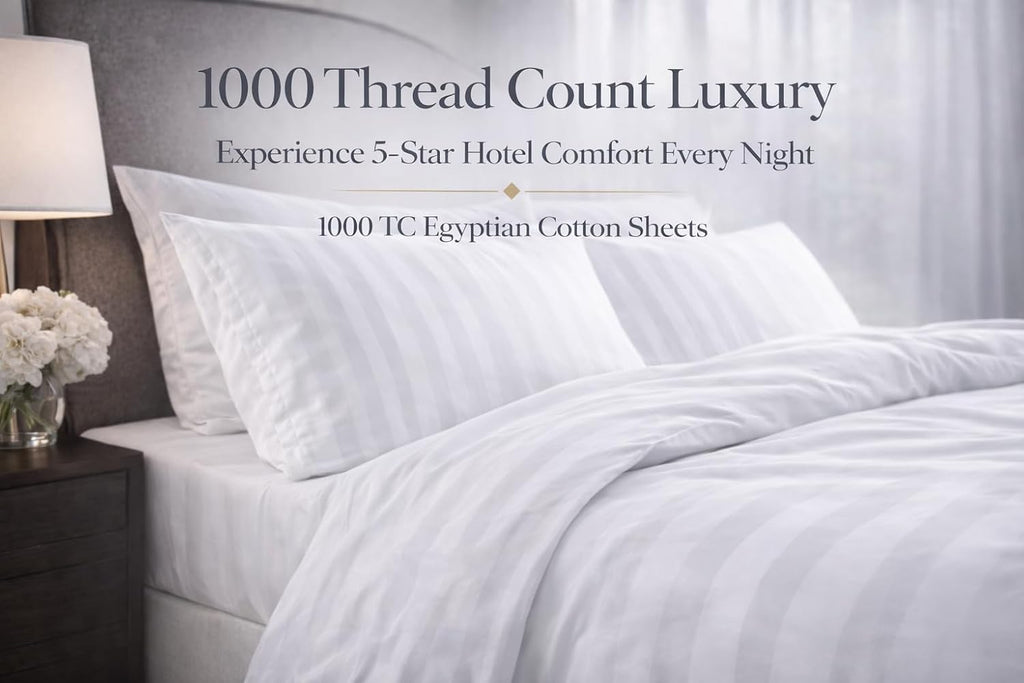 100% Egyptian Cotton Sheets Queen Size – 1000 Thread Count Luxury Hotel Sateen Weave Sheet Set, Soft & Breathable, 17' Deep Pocket, 4-Piece White Striped Bedding, All-Season Comfort