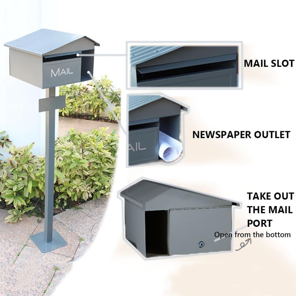 Modern Post Mailbox Mount Combo Kit, Galvanized Steel, Medium Home Mailbox, Minimalist Home Mail Organizer - with Newspaper Slot and Lock