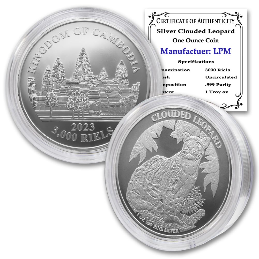 2023-1 oz Cambodian Silver Cambodia Wildlife: Clouded Leopard Coin Brilliant Uncirculated (in Capsule) with Certificate of Authenticity 3000 Riels Seller BU
