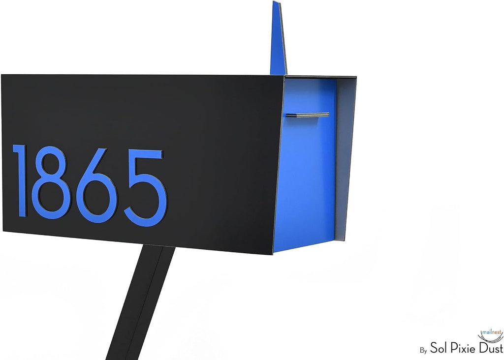 Contemporary Post-Mount Mailbox - Aluminum Black Body with Aluminum Door, Numbers and Flag - Large Customized Mailbox - Type 4 (Blue)
