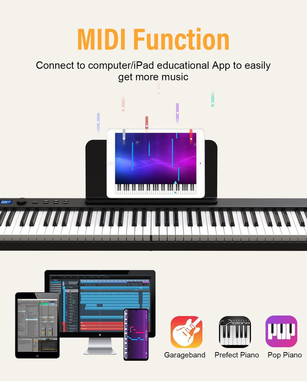 KONIX Foldable Piano Keyboard, 88 Key Full Size Semi Weighted Folding Piano Keyboard, Bluetooth Portable Electronic Keyboard Piano with Sheet Music Stand, Sustain Pedal and Piano Bag, Black