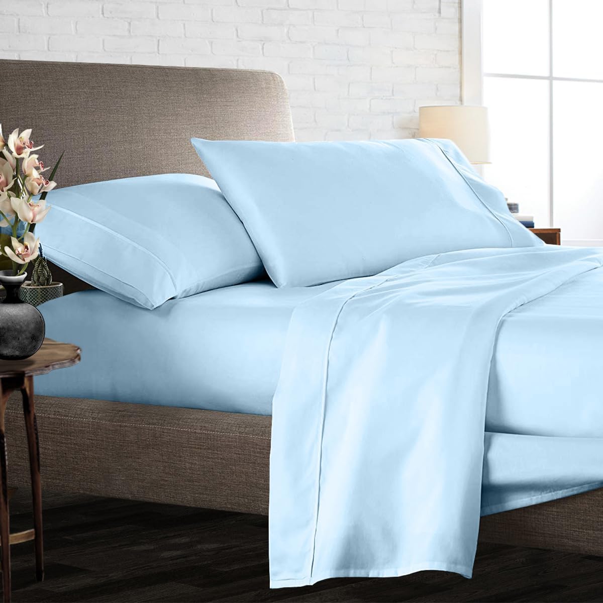 Olympic Queen Size Sheet Set, 1000 Thread Count Egyptian Cotton Sheets, Luxury Fits 6-9' Deep Pocket, Sateen, Hotel-Quality Sheet Set (Solid, Light Blue)