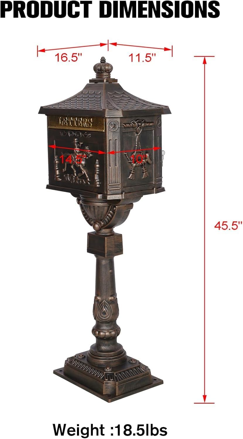 Retro Locking Mailboxes for Outside Aluminum Freestanding Mailbox with Post, Heavy Duty Mail Boxes for House with Post, Bronze
