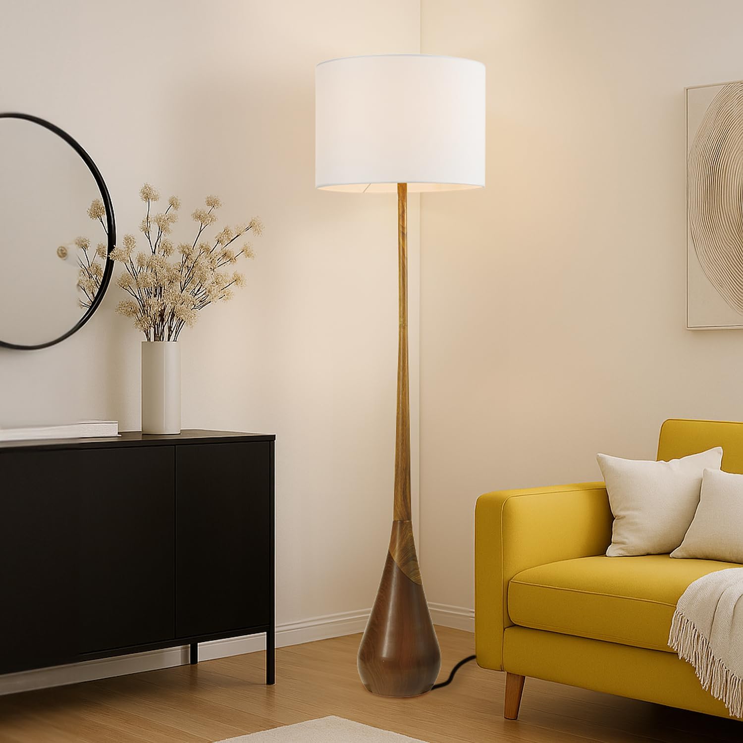 Globe Electric Novogratz x Globe Harrington 65' Floor Lamp, 2-Tone Faux Wood Base, White Fabric Shade, Socket Rotary Switch 67225