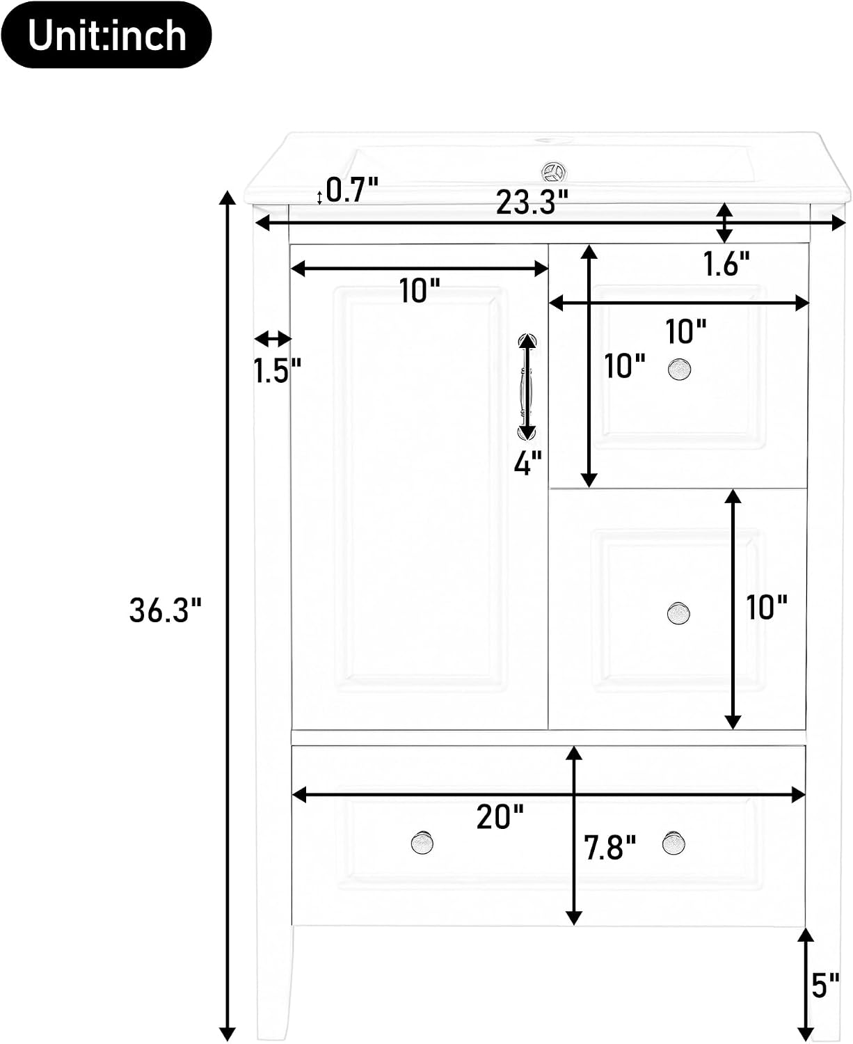 Harper & Bright Designs 24' Bathroom Vanity with Sink, Free Standing Single Vanity Set with 3 Drawers and One Door, Solid Wood Storage Cabinet with Ceramic Basin for Bathroom, Black