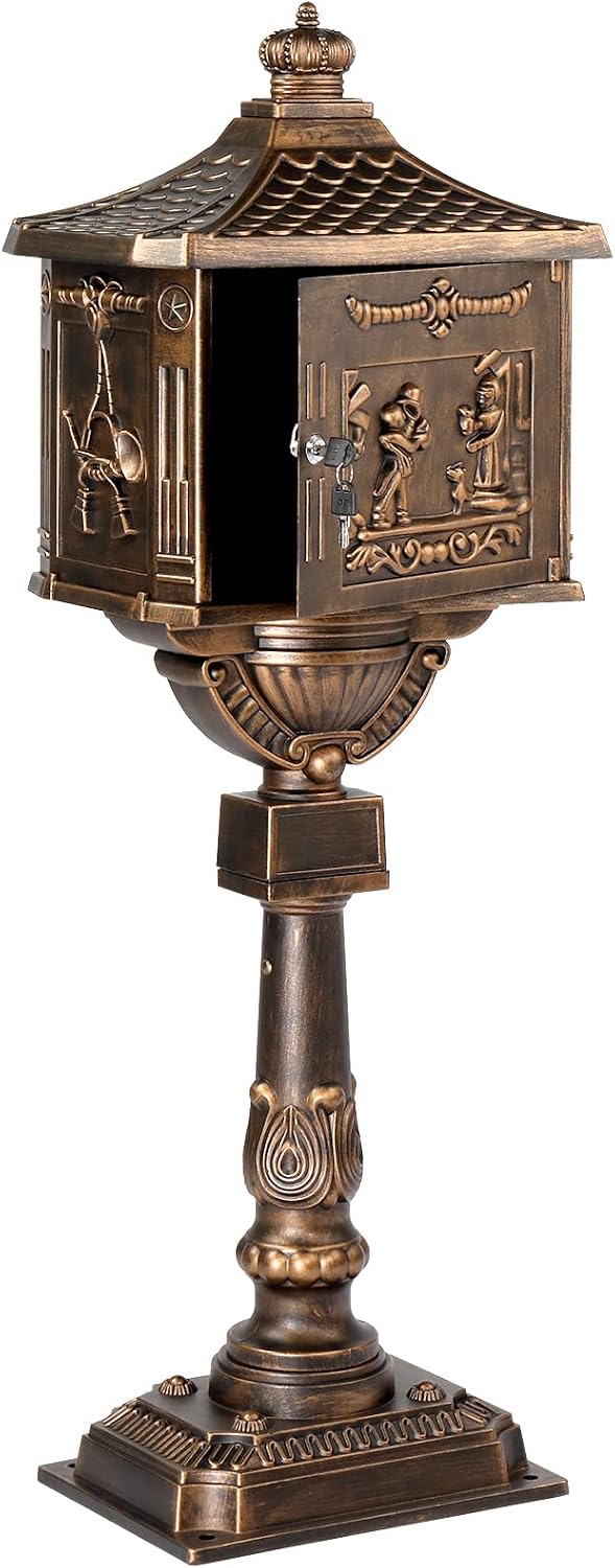 Cast Aluminum Mailbox Postal Box, Locking Mailbox for Outside with Keys, Curbside Mail Manager Outside Weatherproof Rustproof Security Post-Mount Mail Box (Antique Bronze)