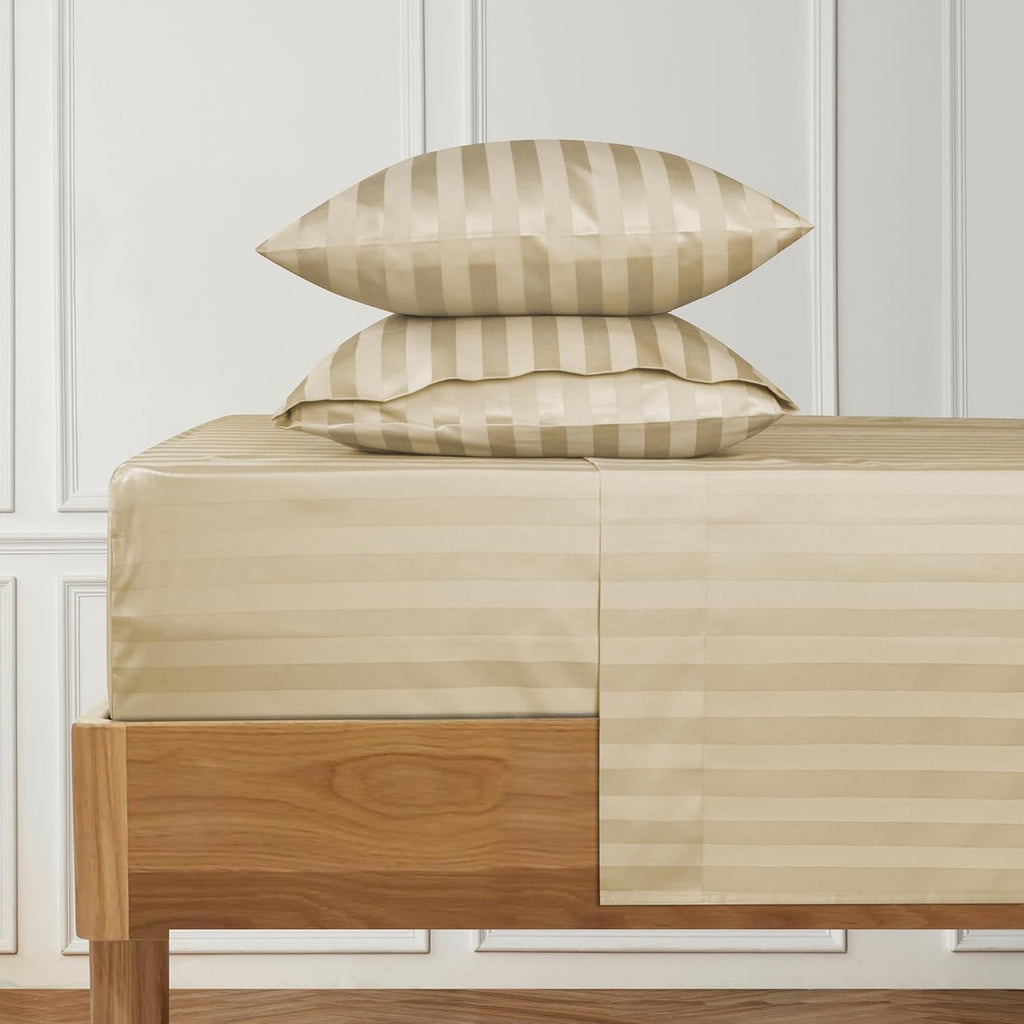 Queen Size 1000 Thread Count 100% Egyptian Cotton Sheet Set, 4-Piece, Sateen Weave, with 10-12' Deep Pocket Snug Fit (Stripe, Beige)