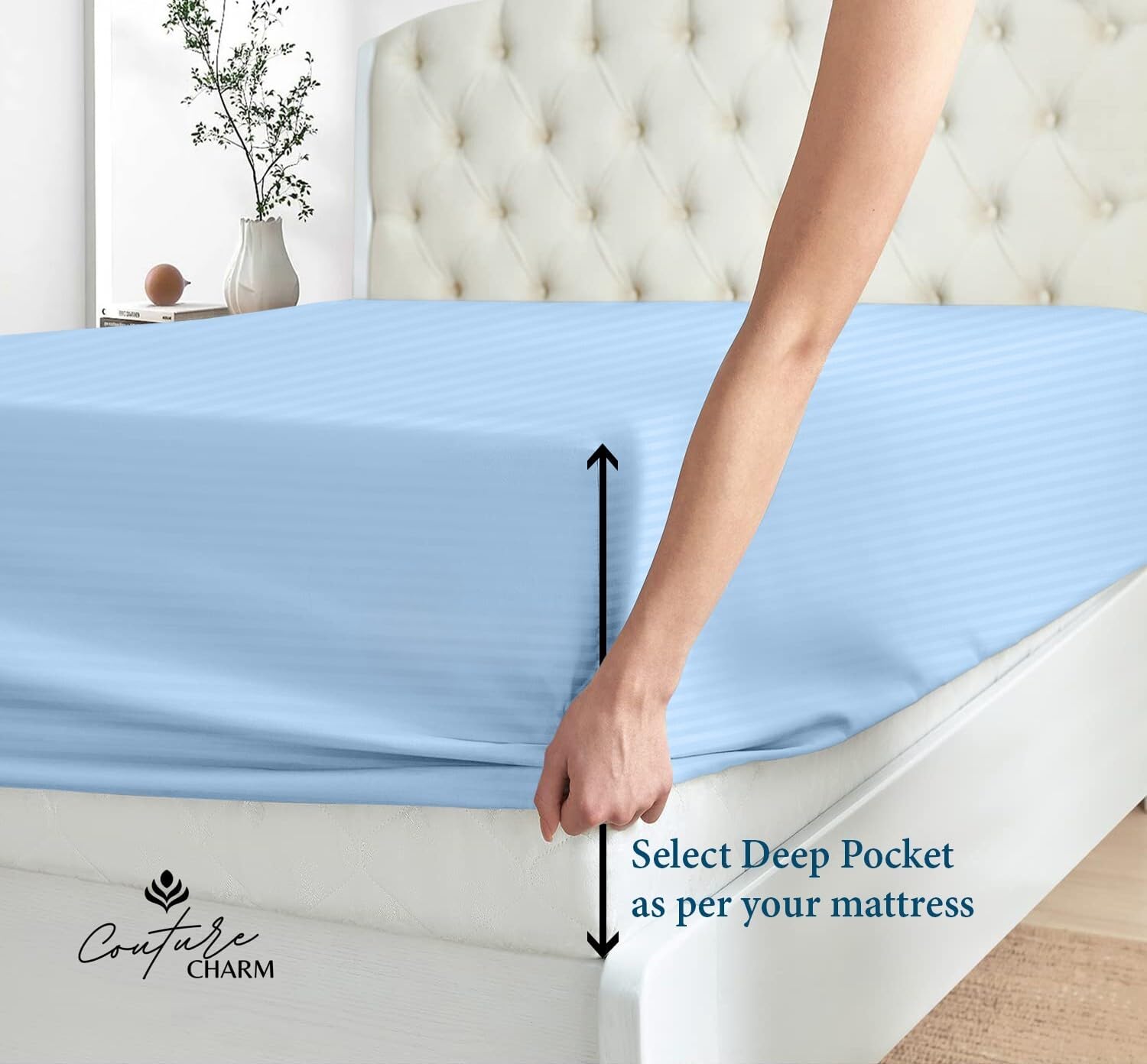 Queen Size 1000 Thread Count 100% Egyptian Cotton Sheet Set, 4-Piece, Sateen Weave, with 10-12' Deep Pocket Snug Fit (Stripe, Light Blue)