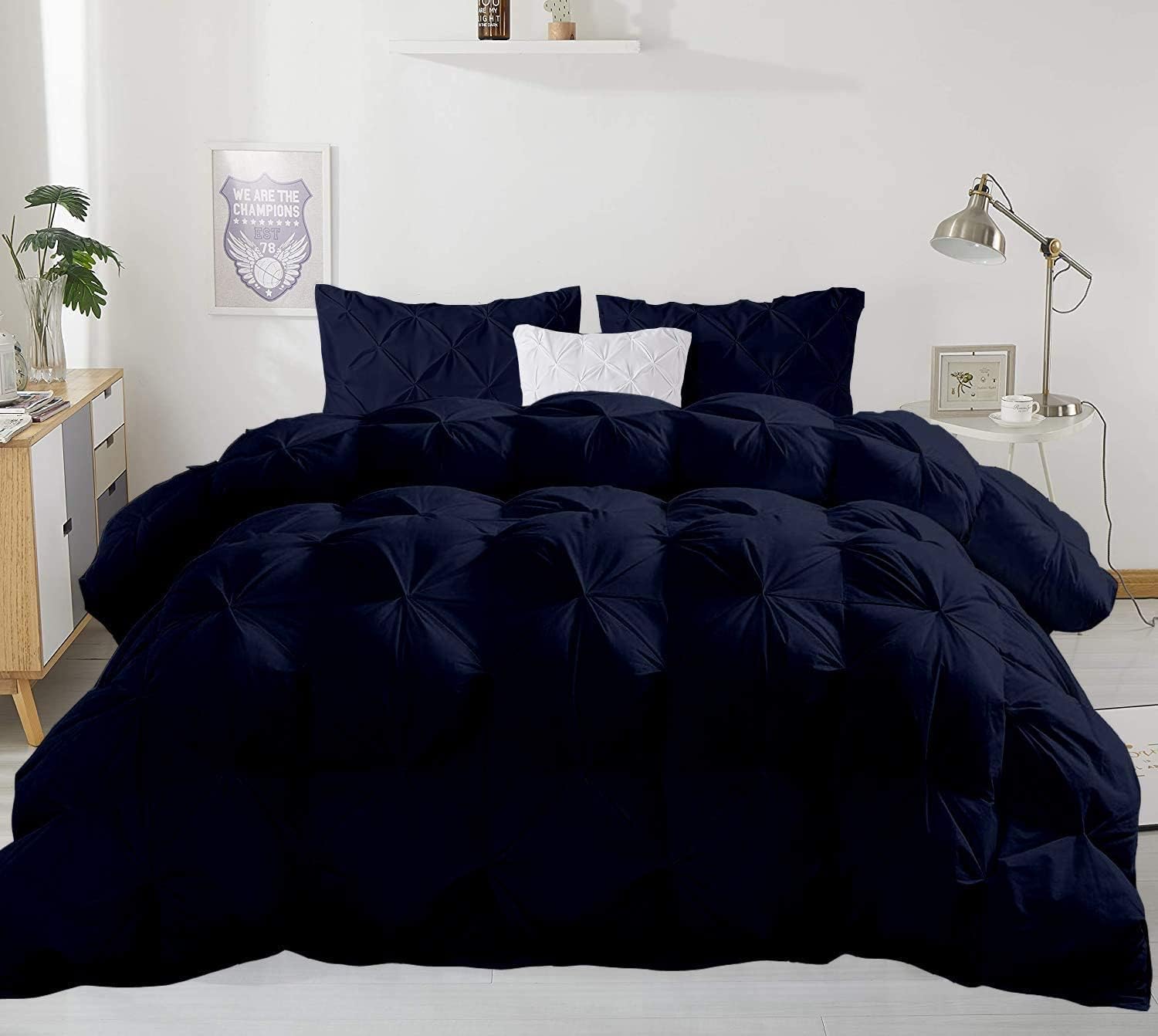 Pinch Pleated Soft 400 GSM All Season Navy Blue 5 Piece Queen Size Comforter Set (Comforter + 4 Pillowcases) 600 Series Egyptian Cotton Comforter Bedding Set