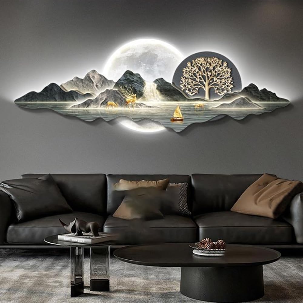 Plug-in Power Supply Wall Hanging Decor, Modern 3D Wall Art Decor with LED Light, Wall Sculptures Art for Bedroom, Living Room, Office(E,120x40cm/47.2x15.7in)