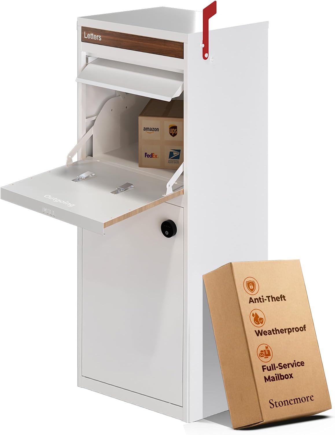 Hudson USPS Compatible Mailbox, Snow White/Walnut Package Mailbox, Anti-Theft Locking Parcel Drop Box for Porch Or Curbside, Large Mailbox for Packages, Weather-Sealed Powder Coated Steel
