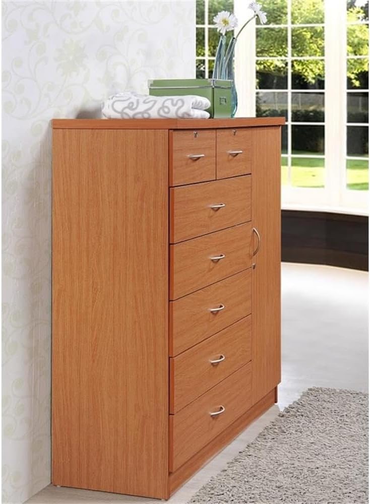 BOWERY HILL 7 Drawer Chest with Locks, Cherry Wood, 48.6 in H x 47.2 in W x 17.6 in D, Side Door with Shelves and Hanging Rod, Adjustable Shelves, Sturdy Design for Bedroom Storage