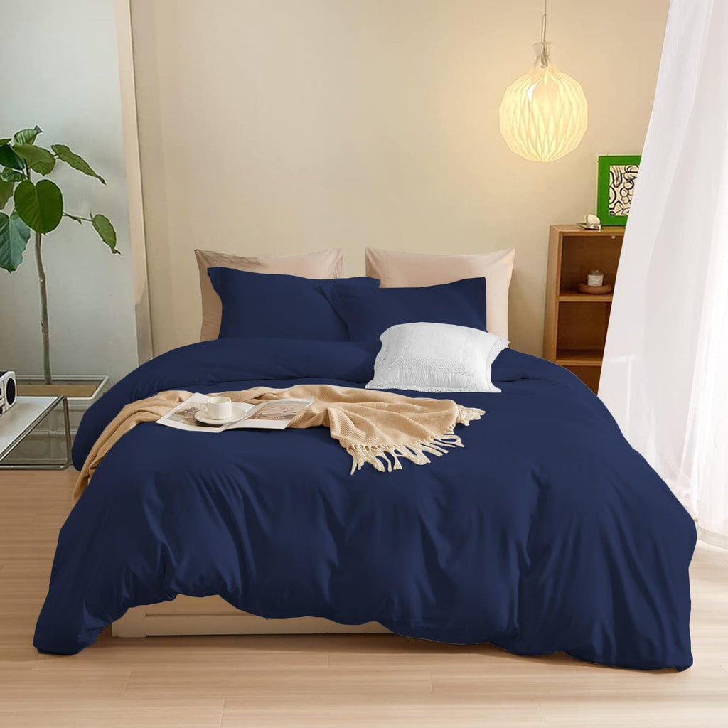 800TC 3 Sided Zipper Duvet Cover Set Soft Egyptian Cotton 3 Sided Zipper Closure, 3 PCS 1-Duvet Cover & 2- Pillow Shams - Twin/Twin-XL Size (68 x 90) Inches, (Solid Navy Blue)