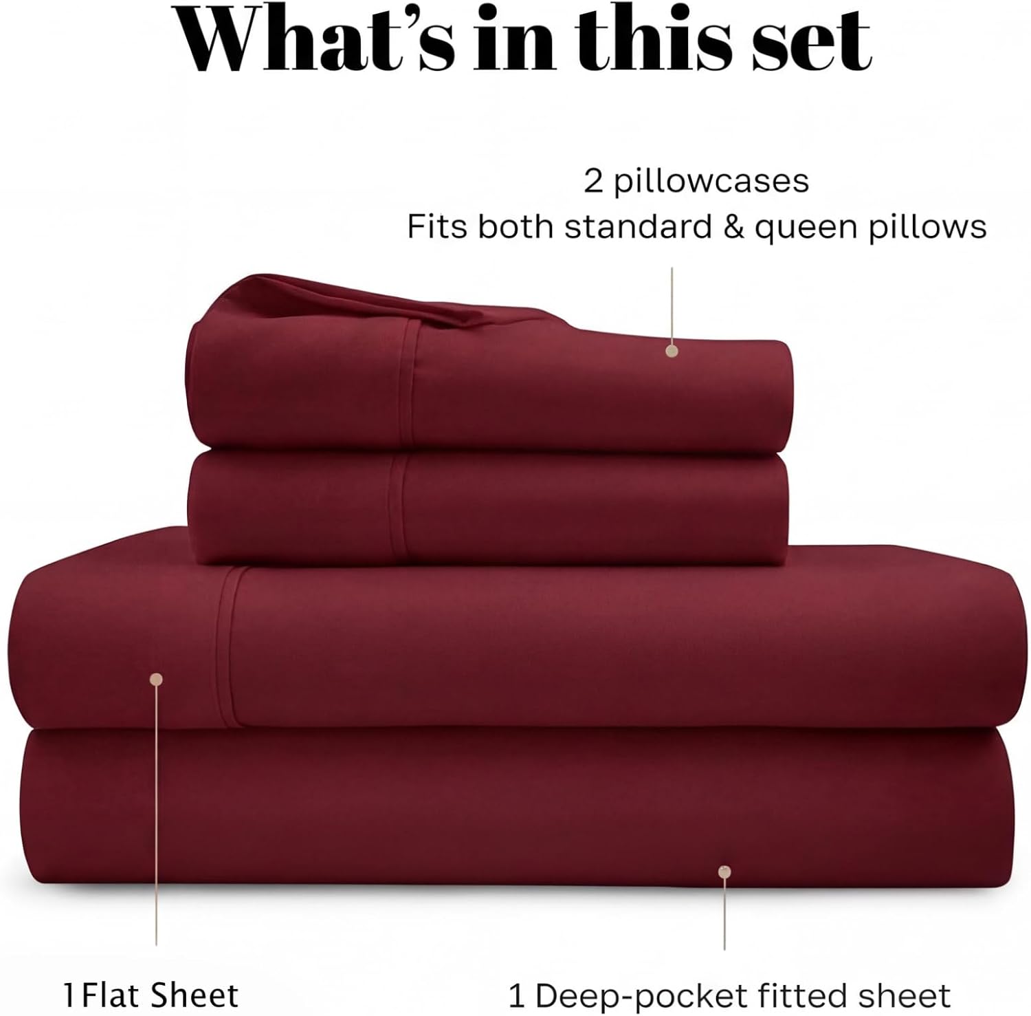 Superior Egyptian Cotton 530 Thread Count Bed Sheet Set, 1 Elastic Deep Pocket Fitted Sheet, 1 Flat Sheet, 1 Pillowcase, Soft Bedding, Luxury Sheets, Sateen Weave, Twin XL Size, Burgundy