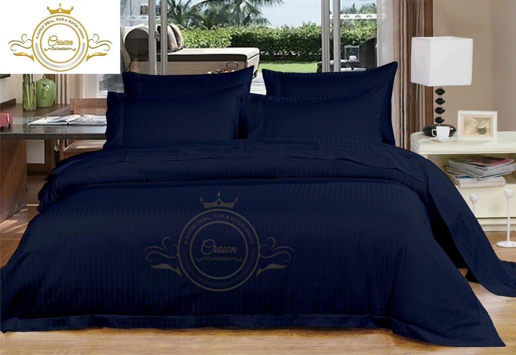 Crown Collection Hotel Beddings 600-Thread-Count 100% Egyptian Cotton 4 Piece Sheet Set Fit Upto 12' Deep Pocket Olympic Queen Size All Around Elastic Fit Damask Striped, Navy Blue