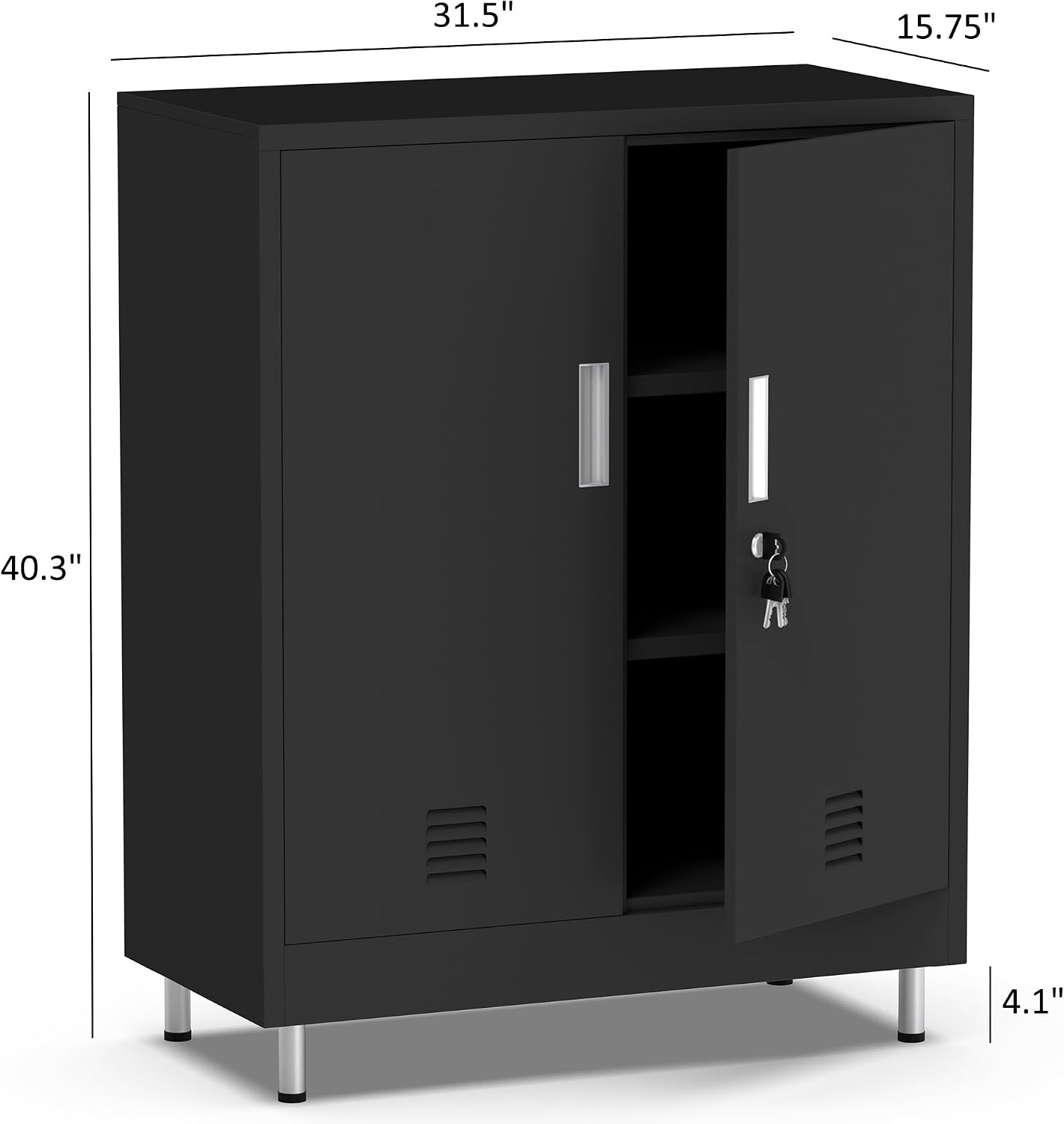 JINGUR Metal Storage Cabinet with Locking Doors and 2 Adjustable Shelves, Lockable Storage Cabinet for Home Office Garage Pantry Living Room (Black)