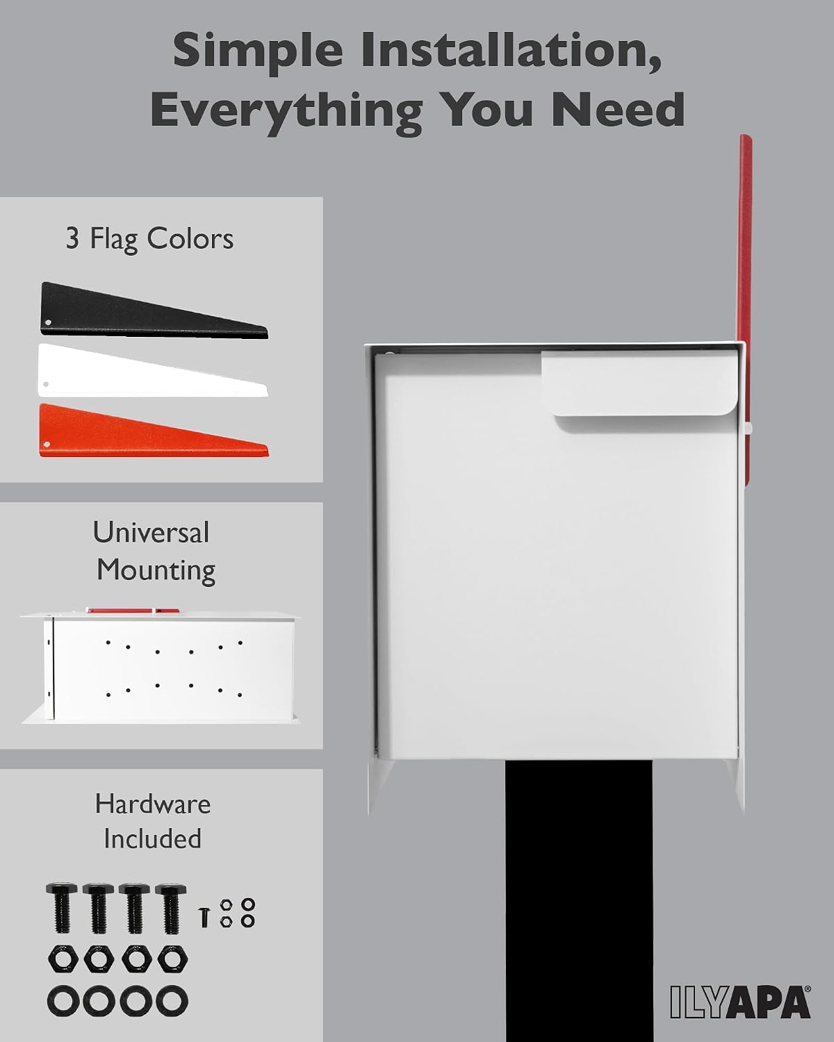 Ilyapa Modern Mailbox Post Mount - 21x8x10 White Metal Mailboxes for Outside, Heavy Duty Steek Mail Box Waterproof Letter Box for Parcels, with Recessed Magnetic Close Door