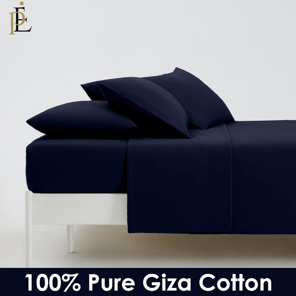 100% Giza Cotton, 1000 Thread Count, 6-PC Bed Sheet Set [Queen Size, Navy Blue Color] 18 inches Deep Pockets, Long Staple Cotton Breathable Soft Silky Sateen Weave