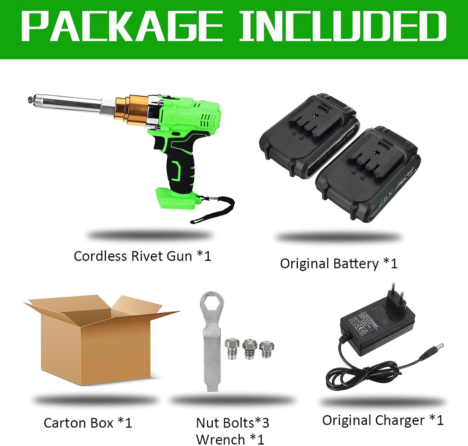 26V Cordless Electric Rivet Gun, 2.4Mm-5.0Mm Portable Rechargeable Blind Riveter with Led Light 2* Battery