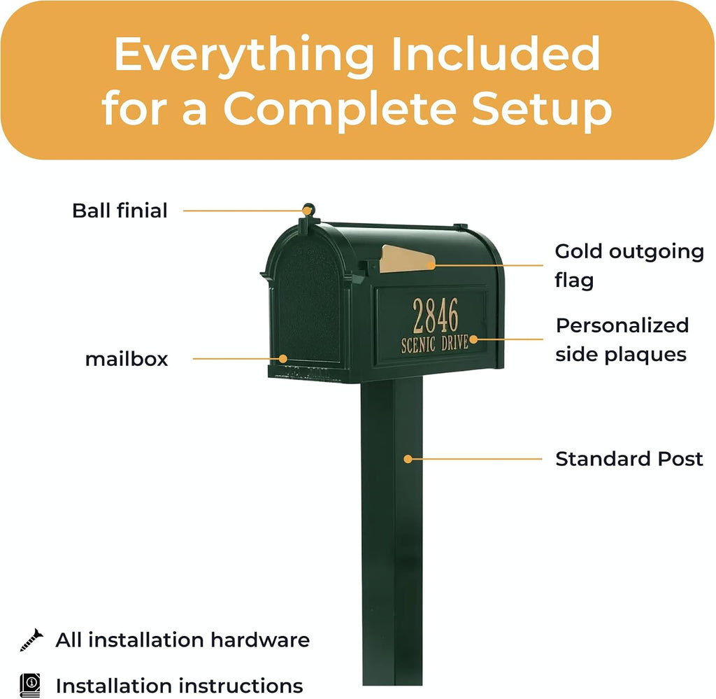 Whitehall Products Premium Capitol Mailbox Package with Personalized Side Plaques | Standard Post Fashion and Function with a Classic Design. While Enhancing The Curb Appeal of Your Home. Green