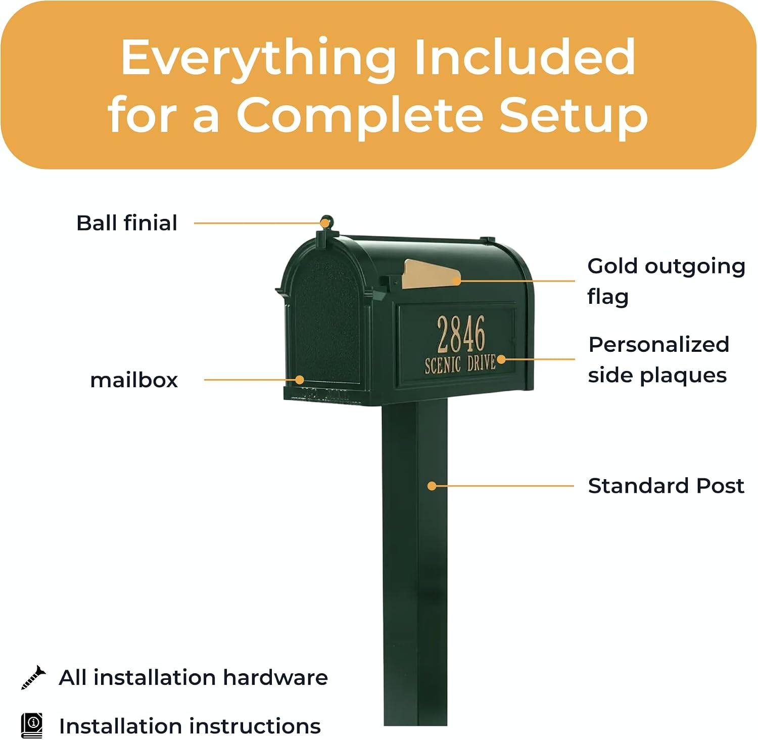 Whitehall Products Premium Capitol Mailbox Package with Personalized Side Plaques | Standard Post Fashion and Function with a Classic Design. While Enhancing The Curb Appeal of Your Home. Green