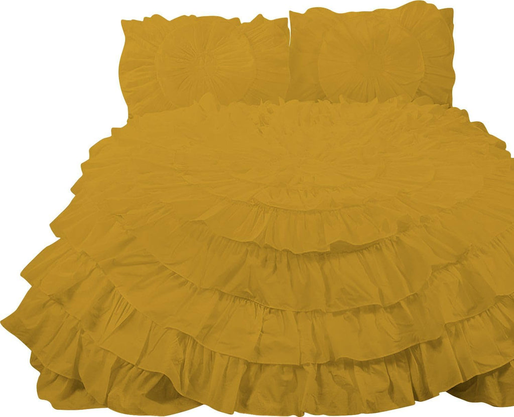 3 Piece 100% Egyptian Cotton Circle Ruffle Comforter Set, 550 GSM Filled Microfiber - Full/Queen Size, Golden Color - 1000 Thread Count